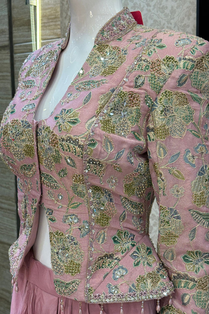 Onion Pink Beads, Zari and Sequins work with Floral Print Crop Top and Cowl Skirt