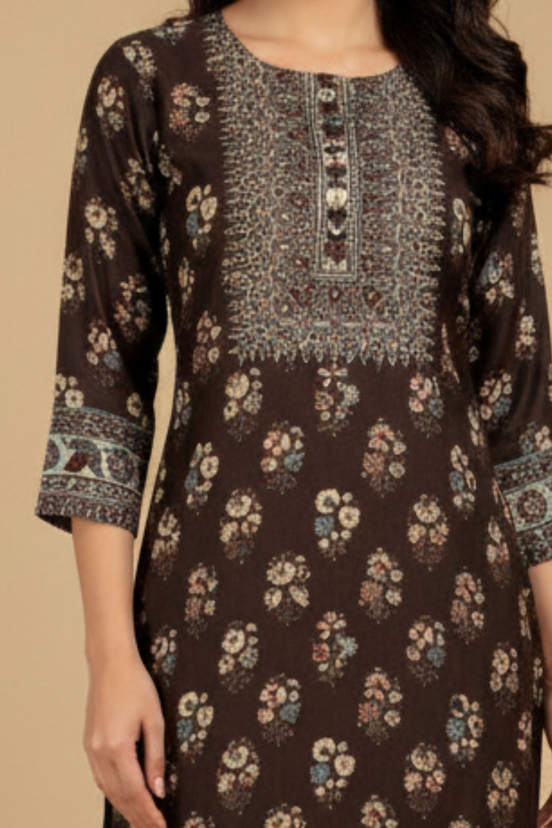 Black Beads and Sequins work with Digital Print Calf Length Kurti