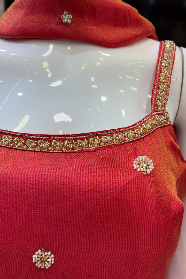 Tomato Red Beads, Sequins and Zari work Palazzo Salwar Suit