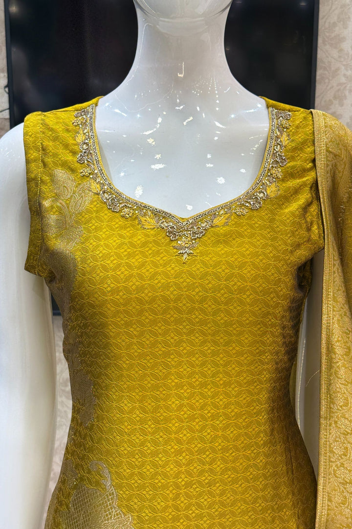 Olive Green Banaras, Stone, Zardozi, Beads and Zari work Straight Cut Salwar Suit