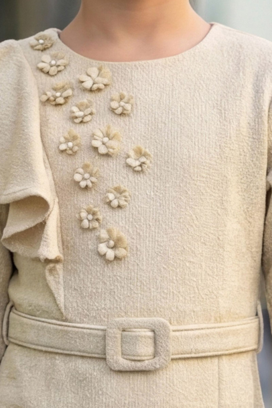 Beige Zari Weaving work Short Frock For Girls with Belt