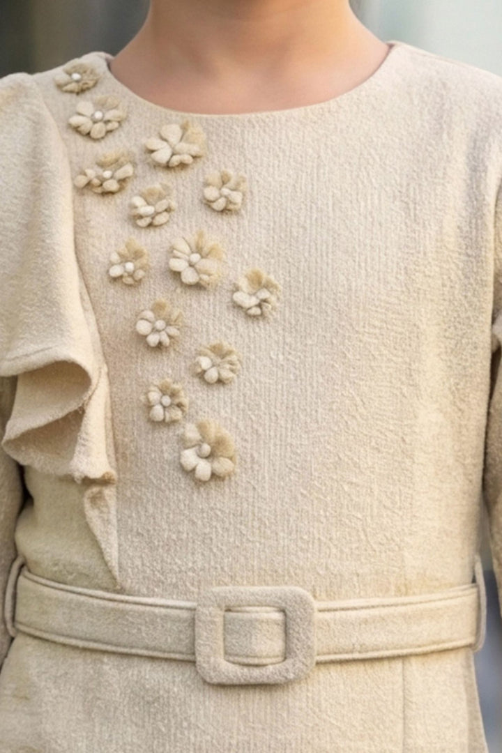 Beige Zari Weaving work Short Frock For Girls with Belt