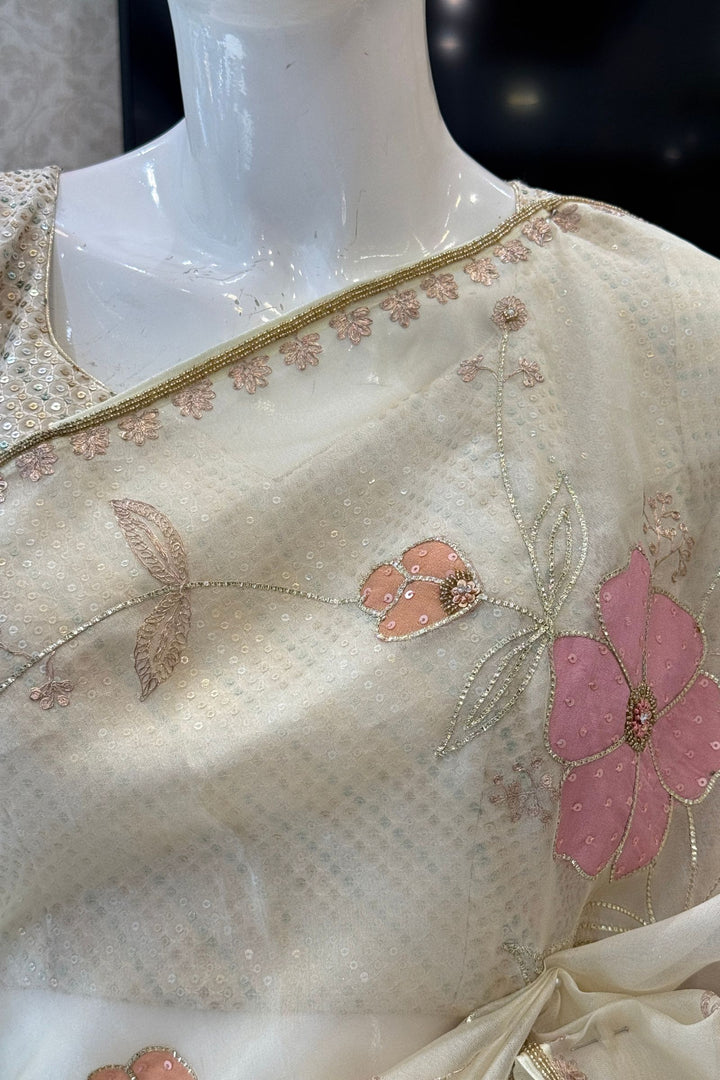 Elegant Cream Organza Saree with Pink Handcrafted Floral Applique