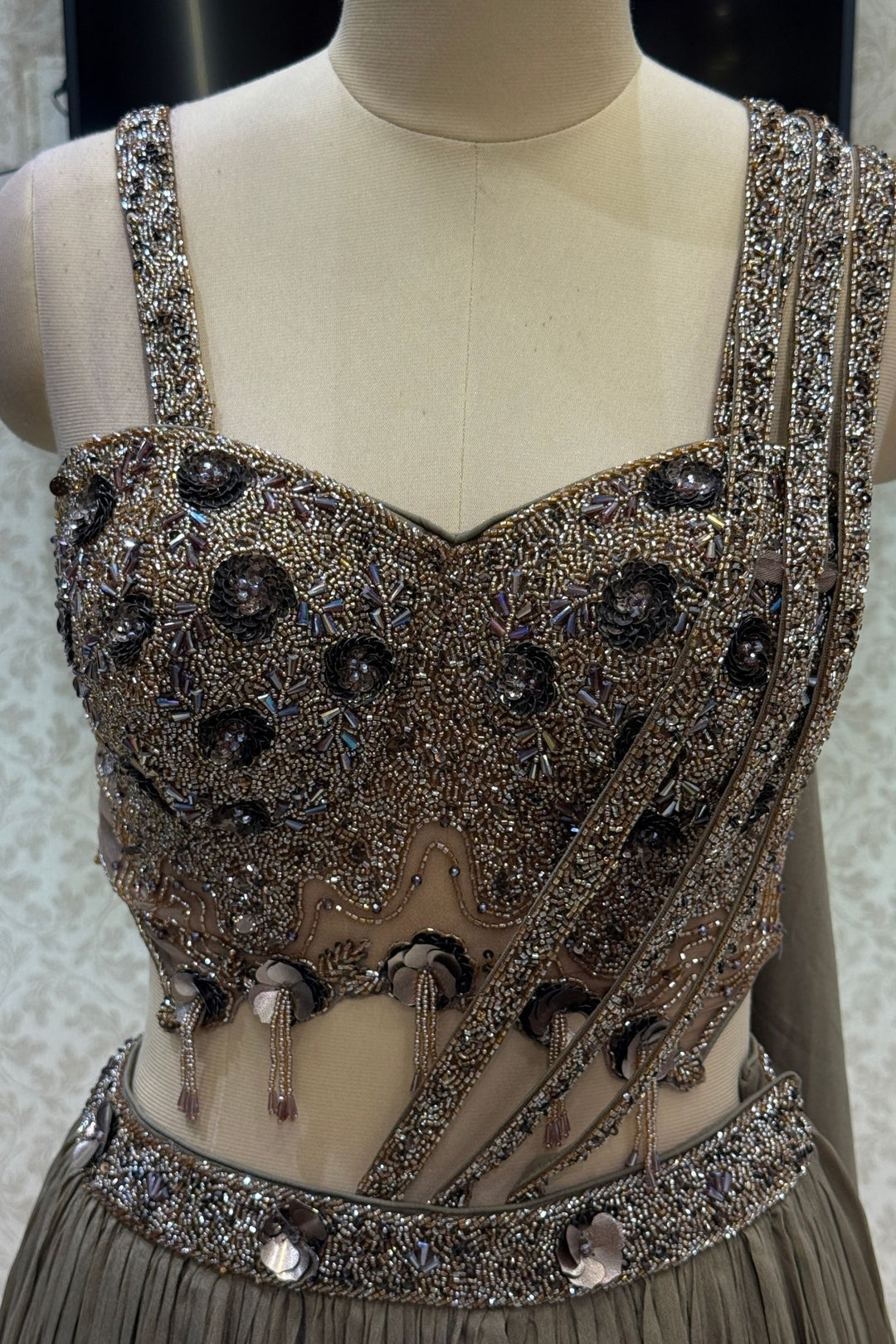 Brown Beads and Sequins work Indo-Western Style Lehenga Set