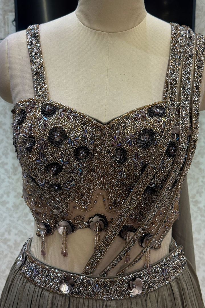 Brown Beads and Sequins work Indo-Western Style Lehenga Set
