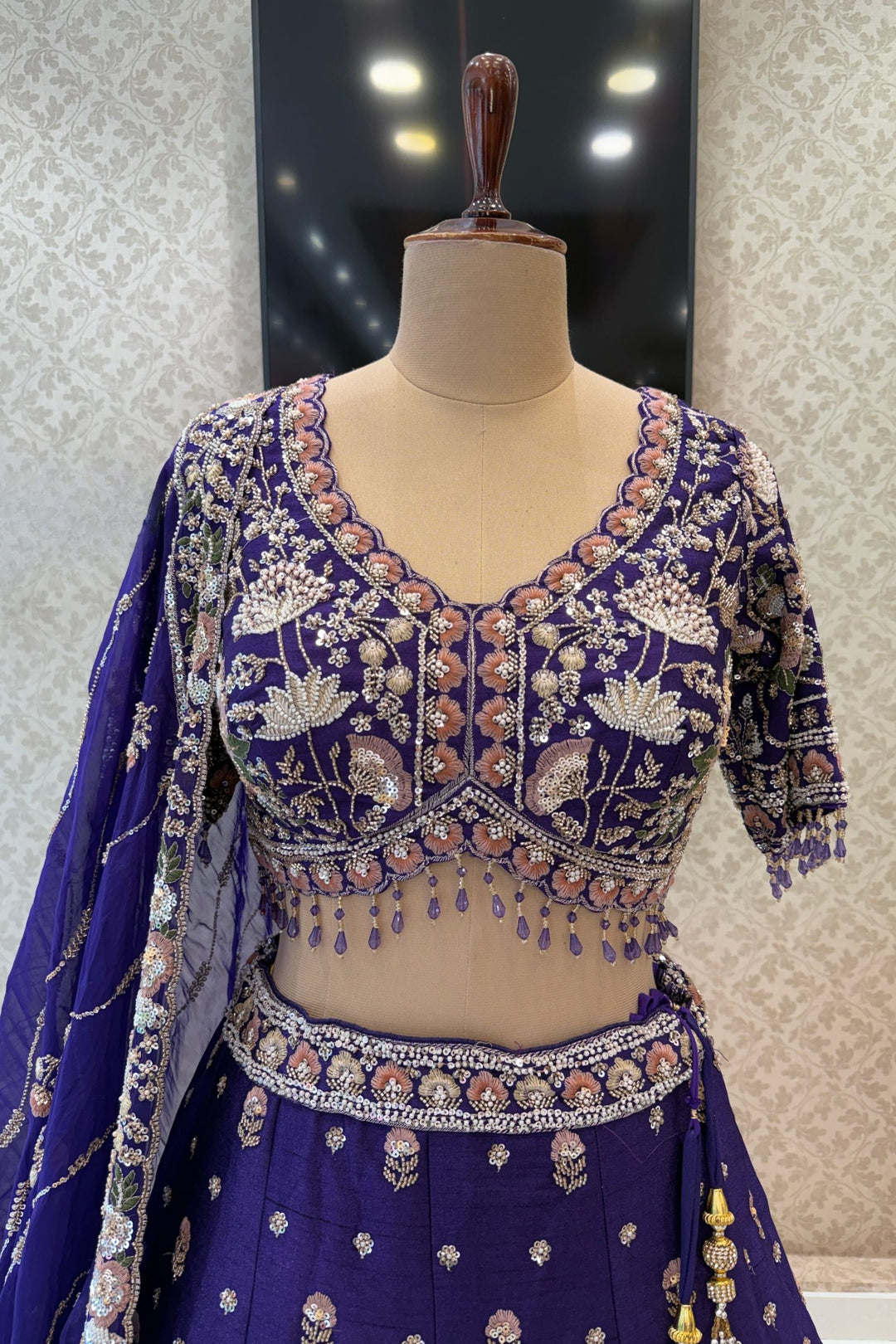 Purple Bridal Lehenga Set with Intricate Zari, Sequins, Beads and Floral Embroidery
