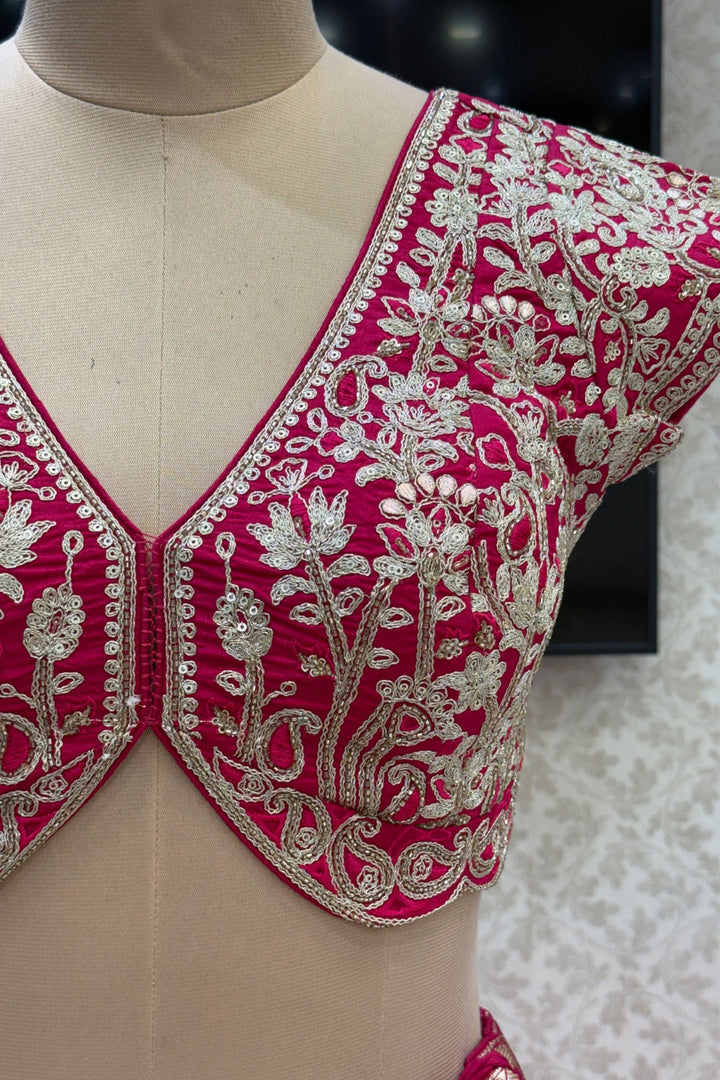 Rani Pink V-Neck Lehenga Choli with Zari, Beads, Sequins and Brocade Work