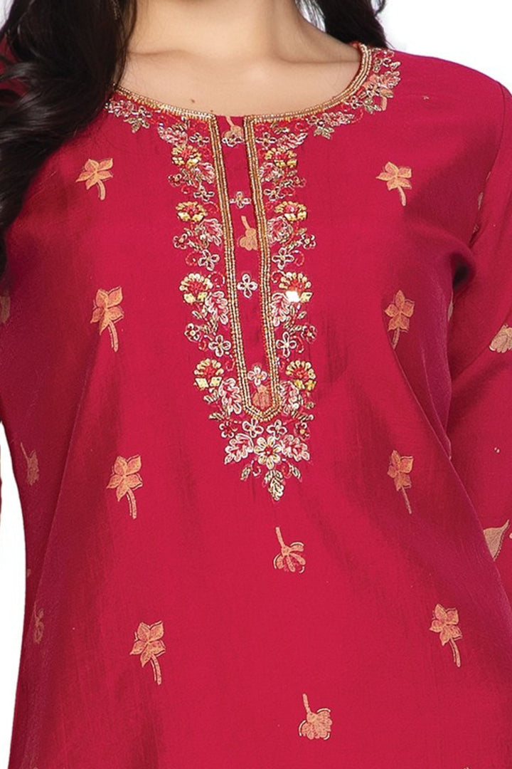 Red Mirror, Sequins and Beads work with Digital Print Calf Length Kurti
