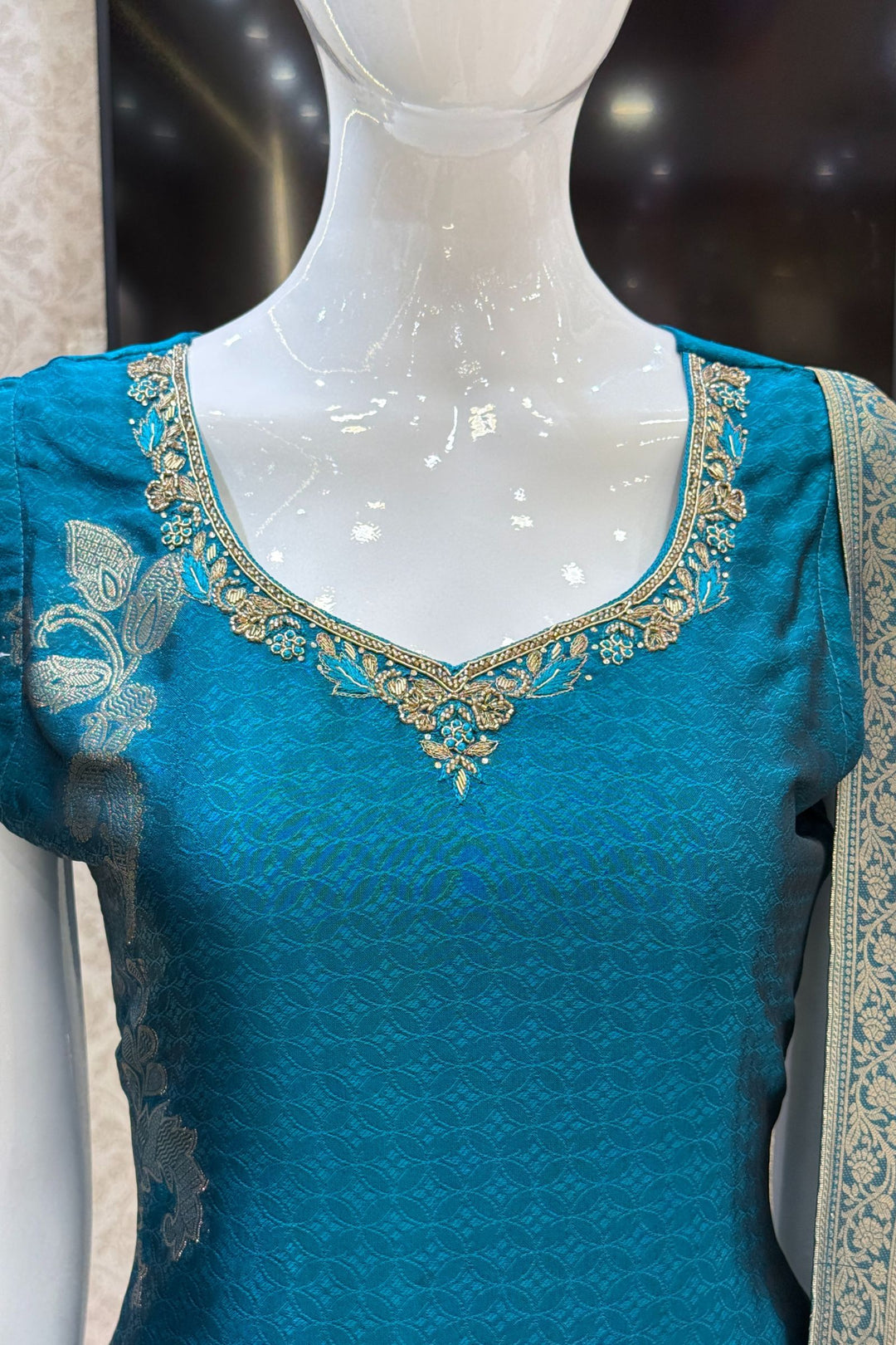 Peacock Green Banaras, Stone, Zardozi, Beads and Zari work Straight Cut Salwar Suit