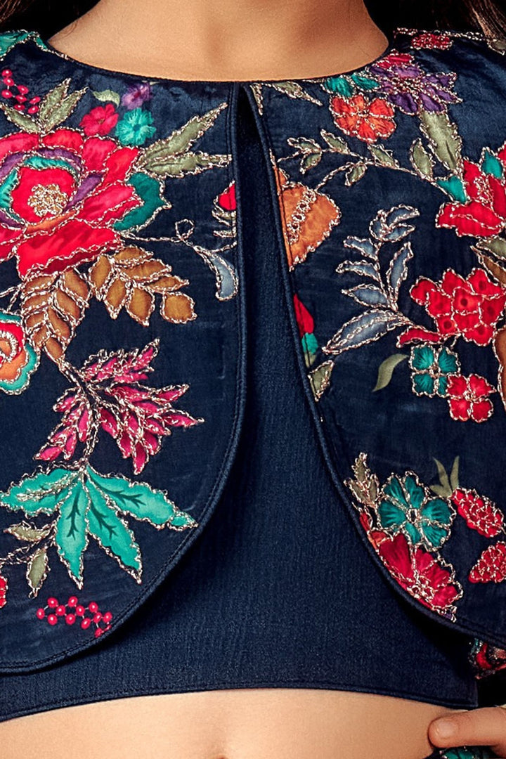 Navy Blue Zari work with Floral Print Poncho Styled Palazzo Suit Set for Girls