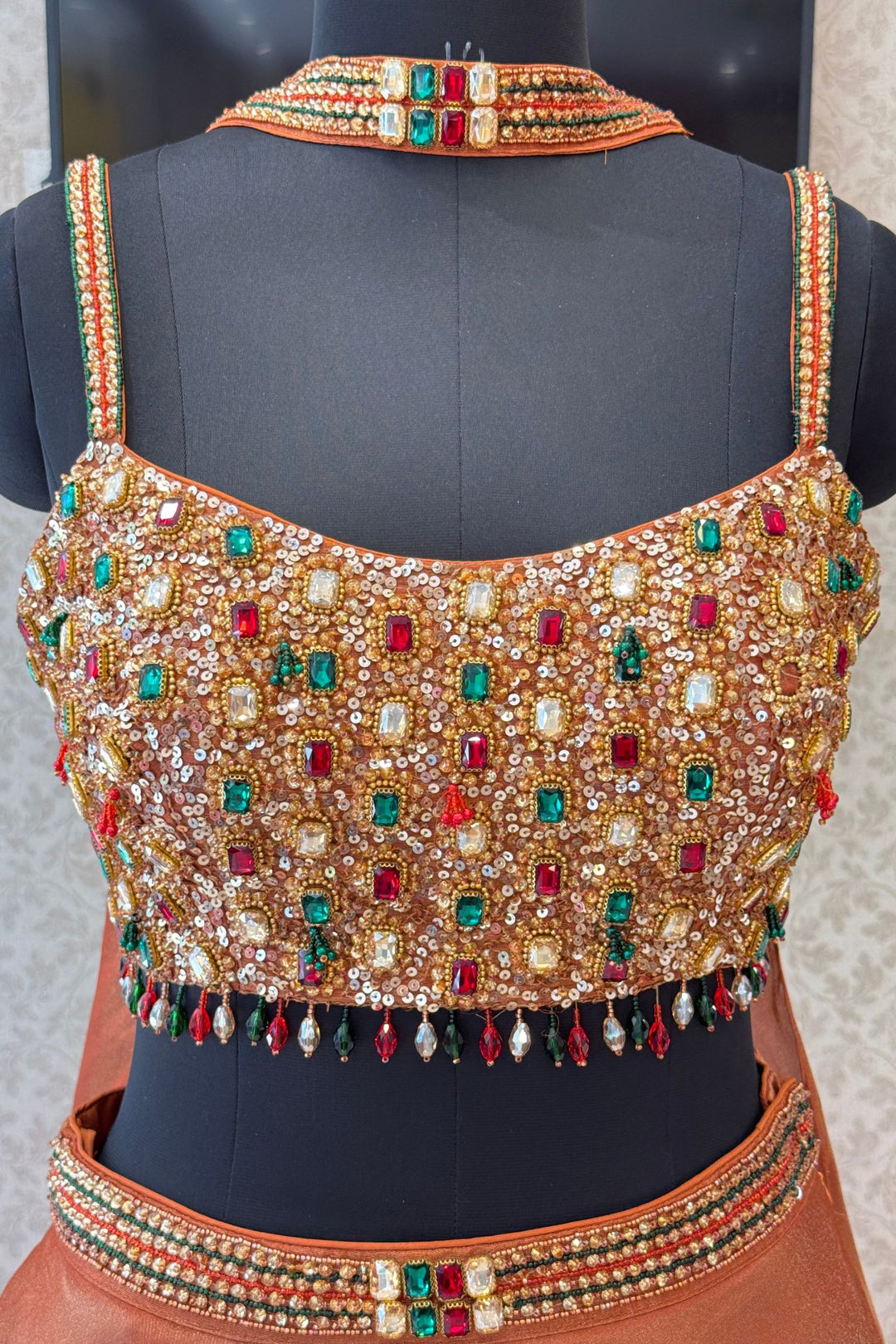 Rust Stone, Beads and Sequins work Crop Top Lehenga