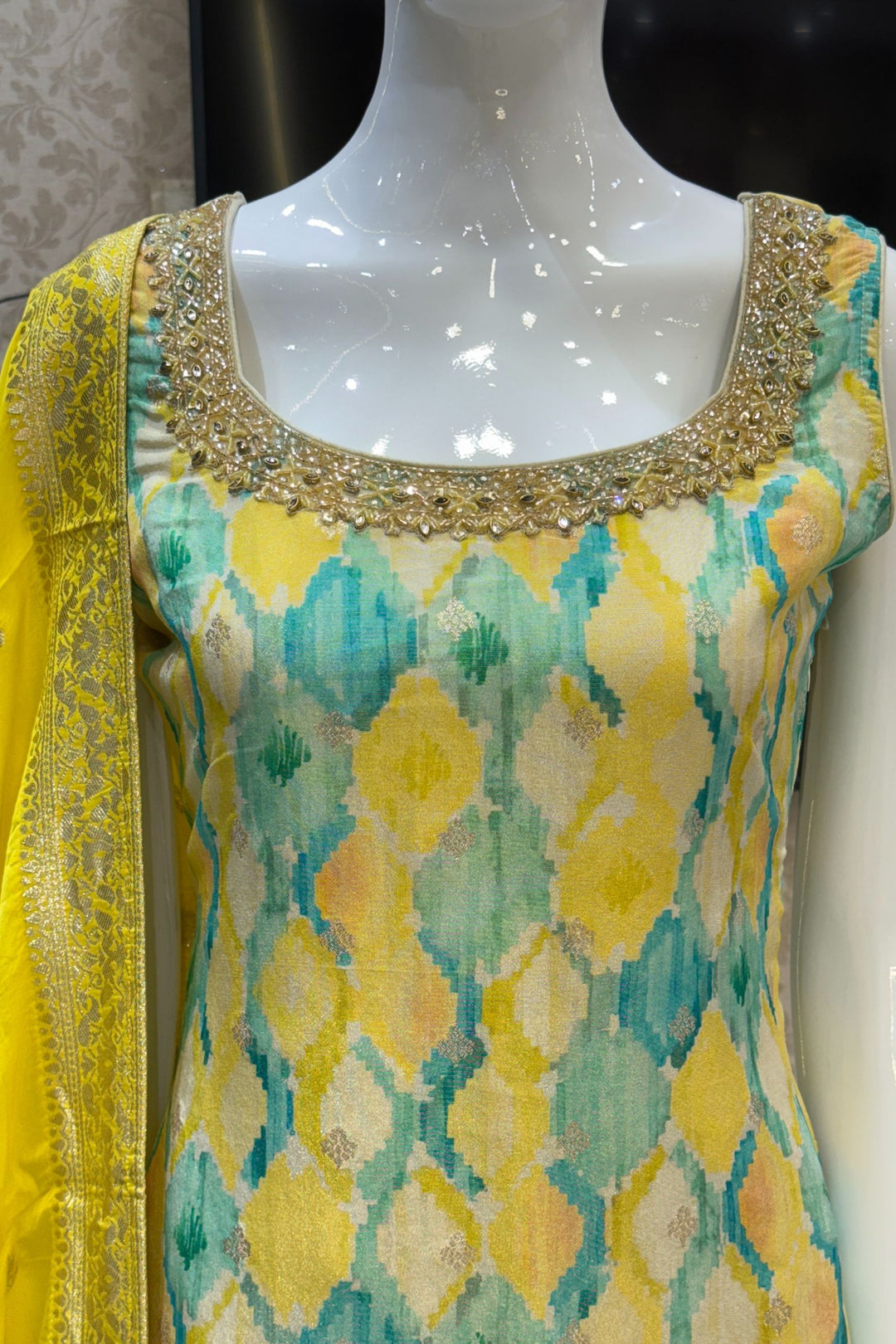 Multicolor Digital Print, Beads, Stone, Zari and Banaras work Straight Cut Salwar Suit