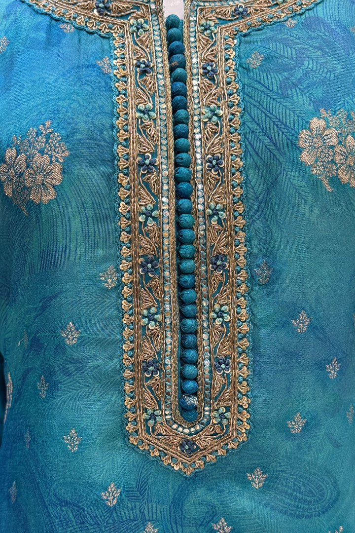 Rama Blue Mirror, Zardozi, Zari and Banaras work with Digital Print Straight Cut Salwar Suit