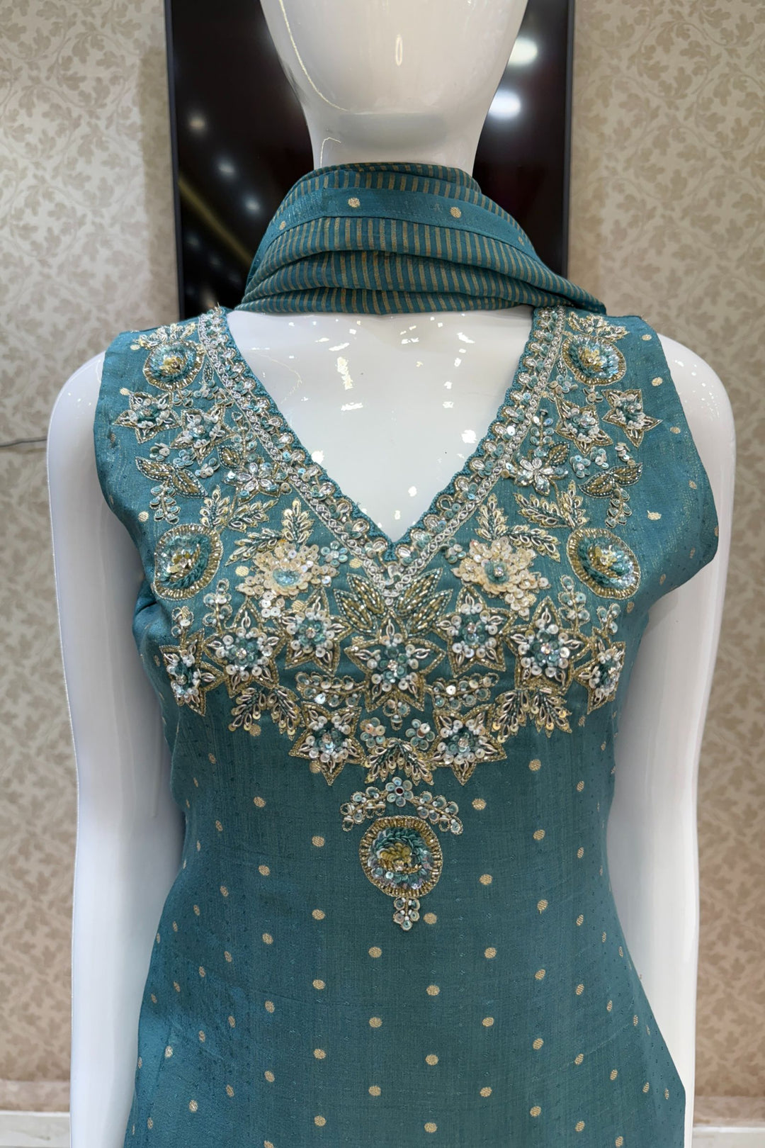 Rama Blue Banaras Zari, Beads, Sequins, Mirror, Stone and Zardozi work Palazzo Salwar Suit