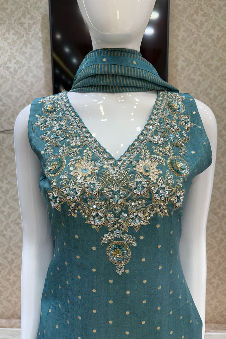 Rama Blue Banaras Zari, Beads, Sequins, Mirror, Stone and Zardozi work Palazzo Salwar Suit