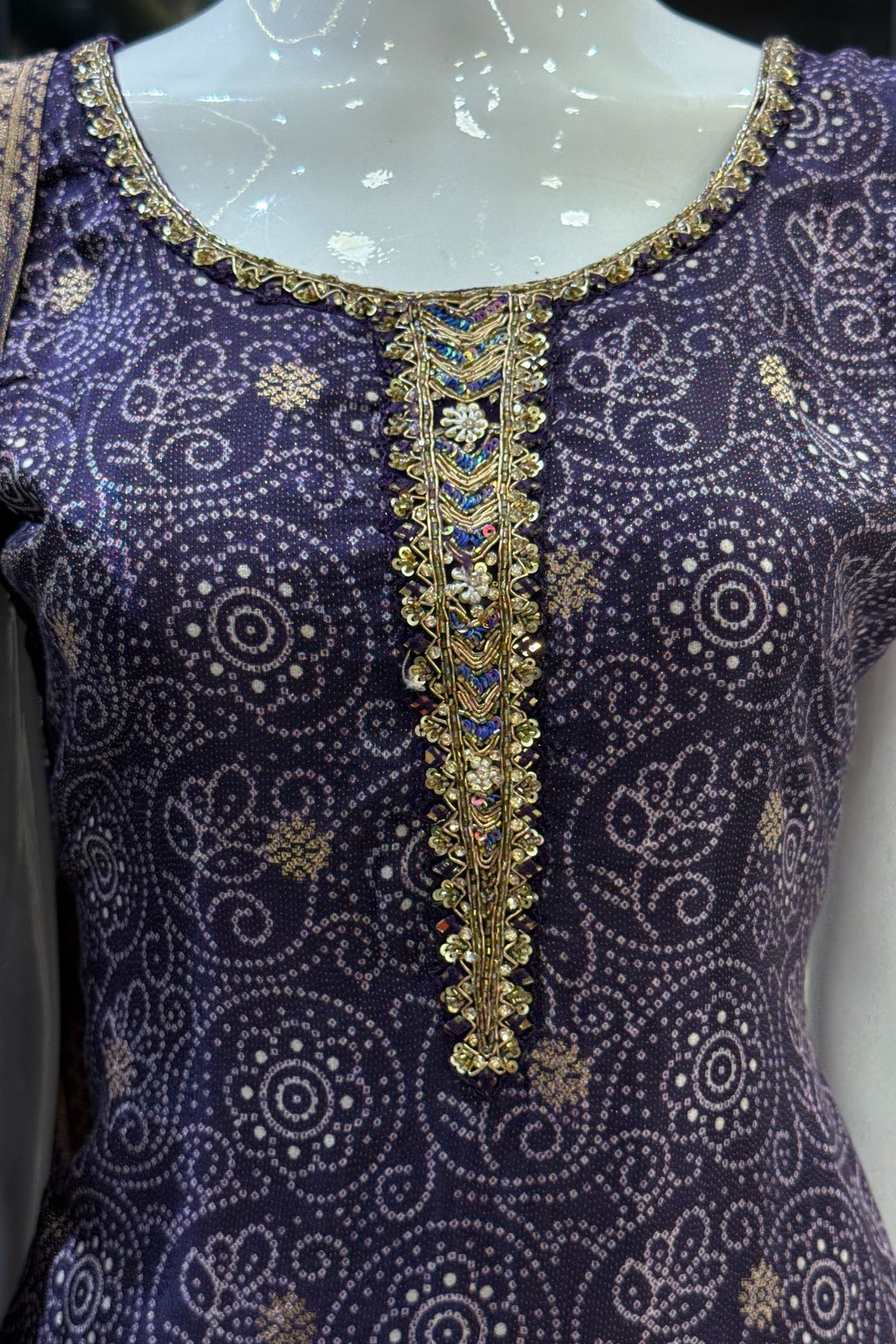 Purple Zari Weaving and Banaras work with Bandini Print Straight Cut Salwar Suit