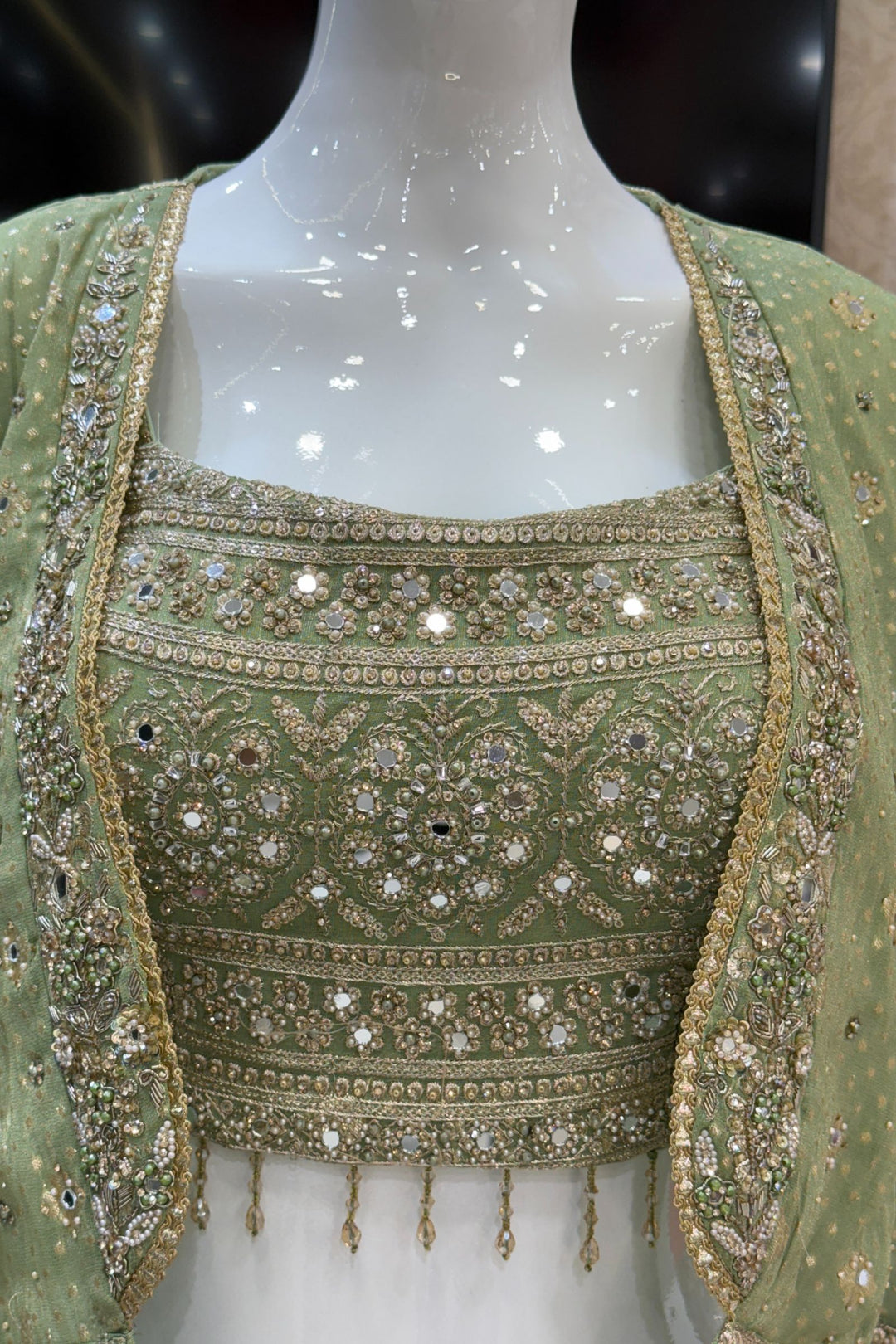 Pista Green Stone, Zari and Sequins work Crop Top with Overcoat Styled Palazzo Suit Set