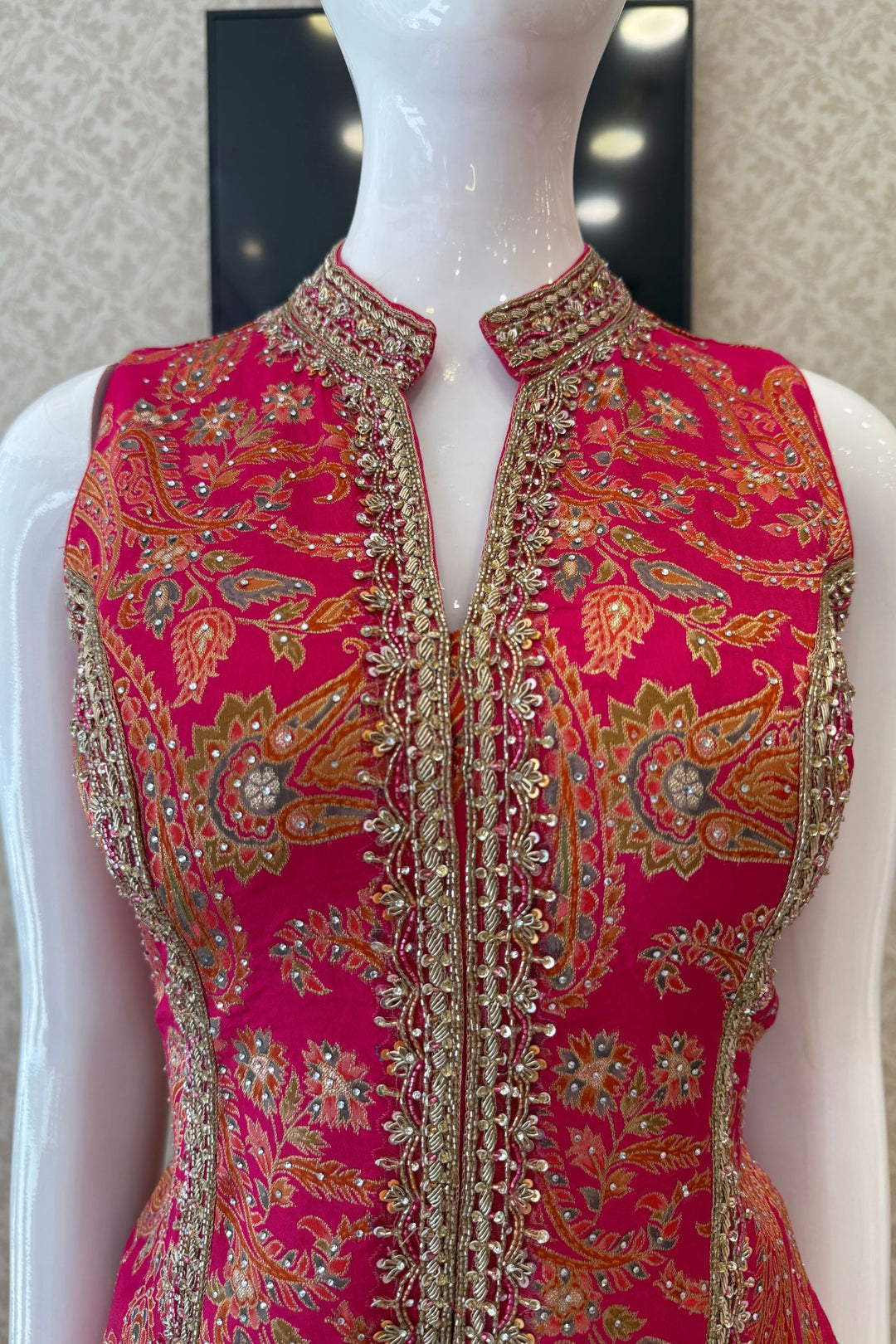 Rani Pink Palazzo Salwar Suit with Brocade, Beads, Stone and Zardozi Detailing
