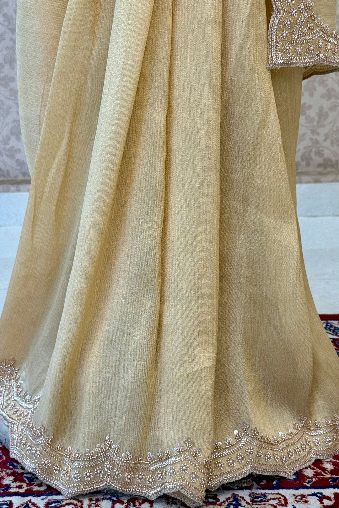 Chiku Saree with Pearl, Zari and Sequins work