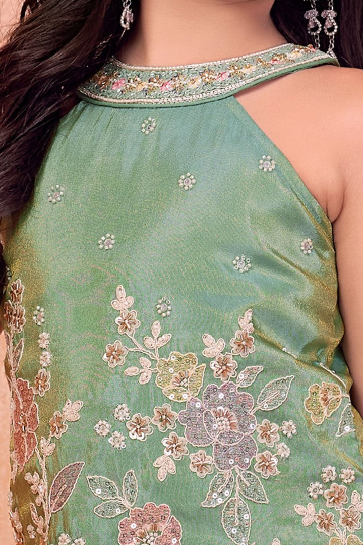 Sea Green Beads, Stone and Multicolor Thread work Palazzo Suit Set for Girls