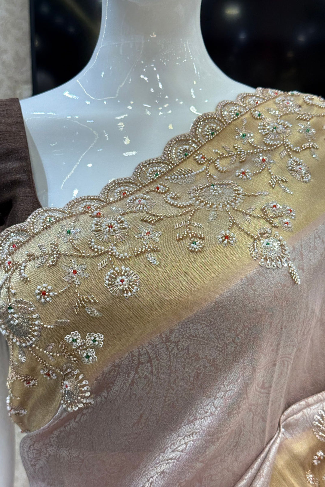 Onion Pink Banaras, Beads, Sequins and Zari work Saree