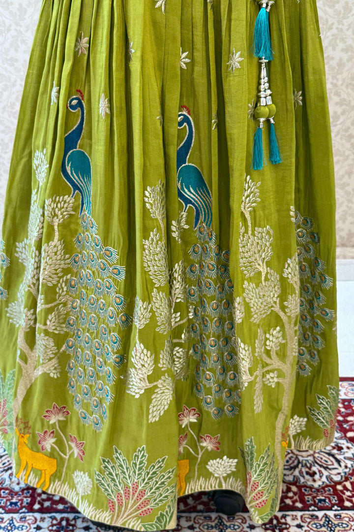 Mehendi Green Zari, Zardozi, Mirror, Stone and Multicolor Embroidery work Crop Top Lehenga