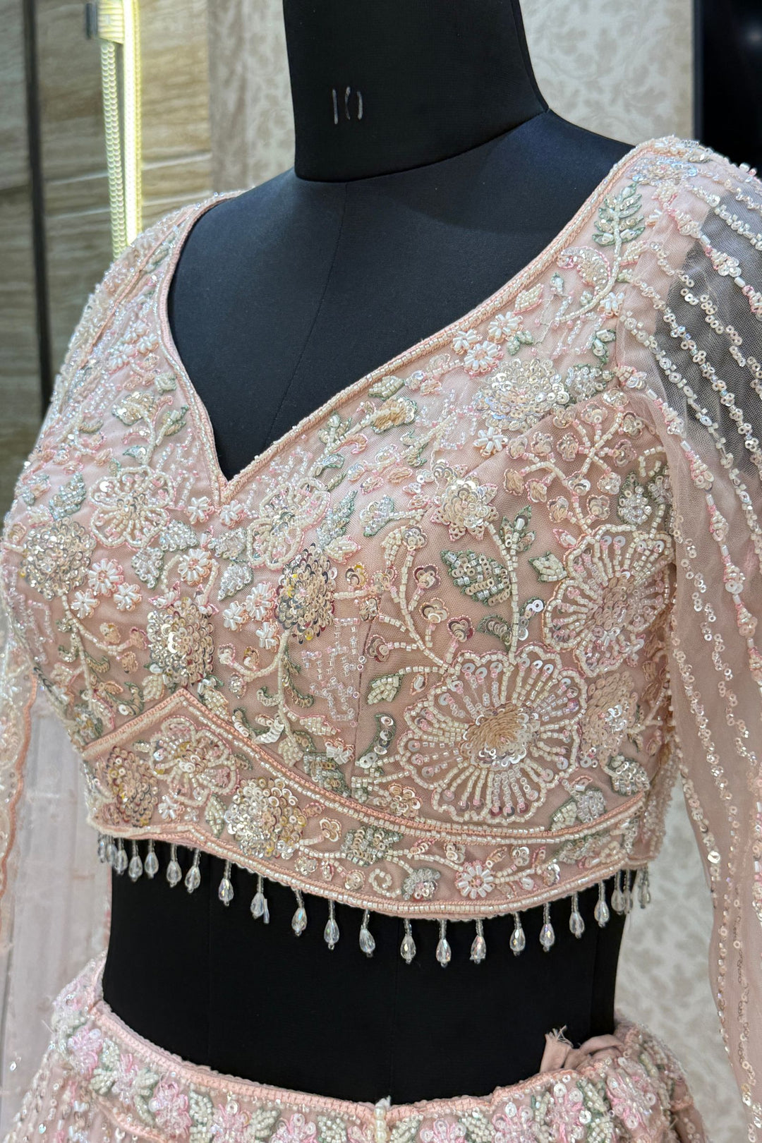 Baby Pink Sequins, Beads and Zari Thread work Crop Top Designer Bridal Lehenga
