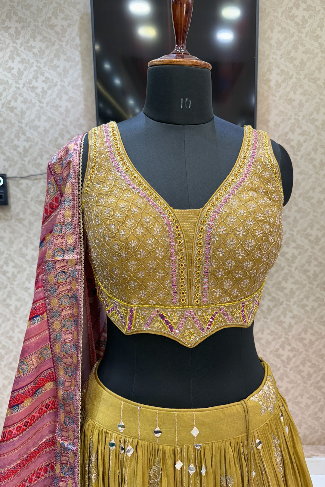 Olive Green Mirror, Beads, Zardozi and Sequins work Crop Top Lehenga