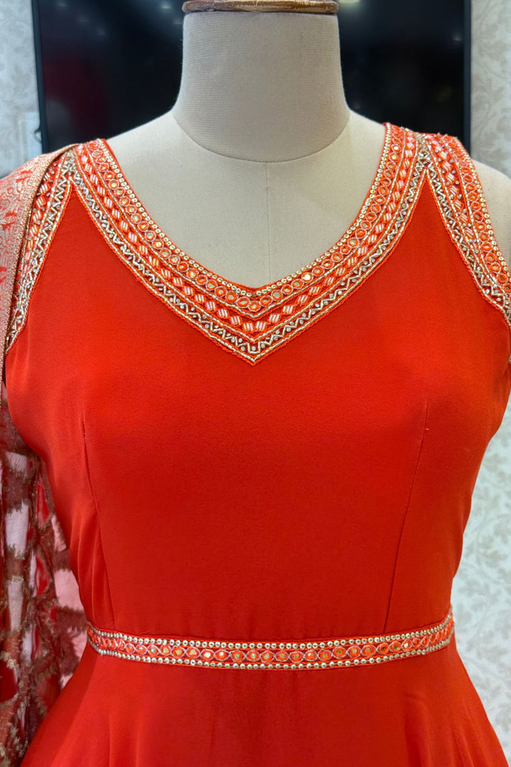 Orange Beads and Sequins work Anarkali Gown with Traditional Banaras work Dupatta