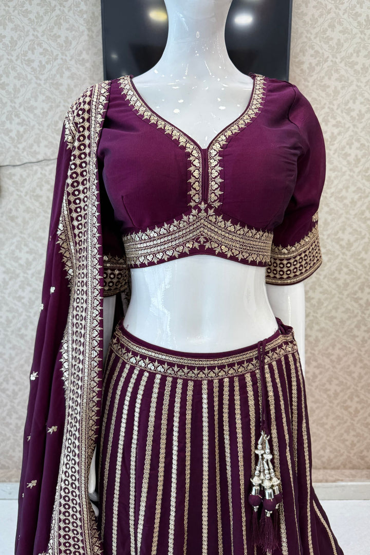 Wine Sequins and Zari work Crop Top Lehenga