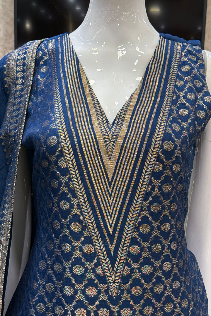 Teal Blue Banaras work V-Neck Straight Cut Salwar Suit