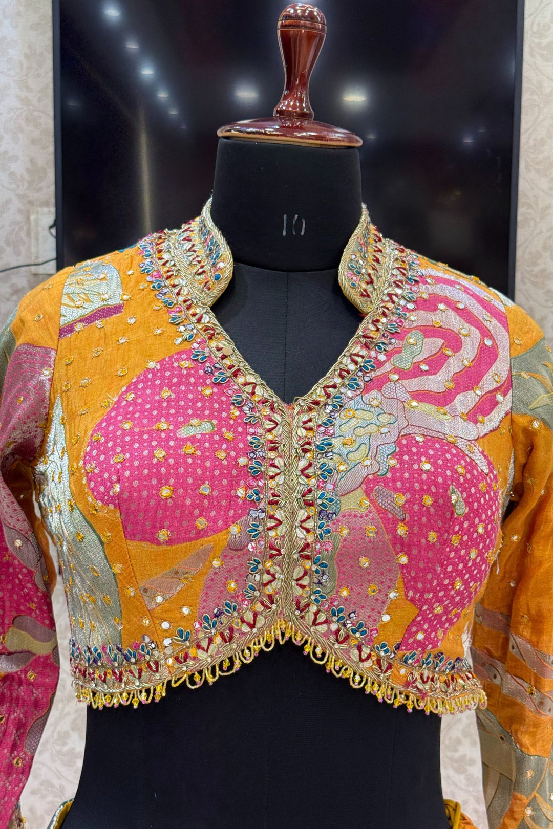 Yellow Zardozi, Beads, Sequins, Zari, Mirror and Floral work Crop Top Lehenga