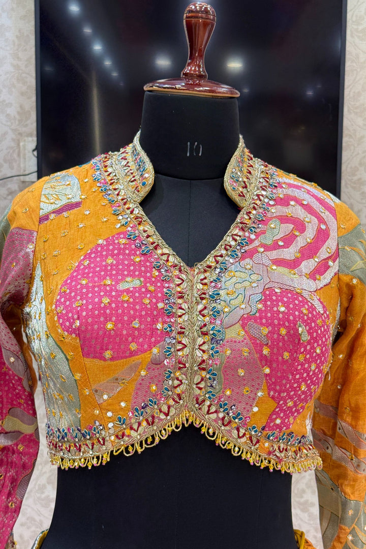 Yellow Zardozi, Beads, Sequins, Zari, Mirror and Floral work Crop Top Lehenga