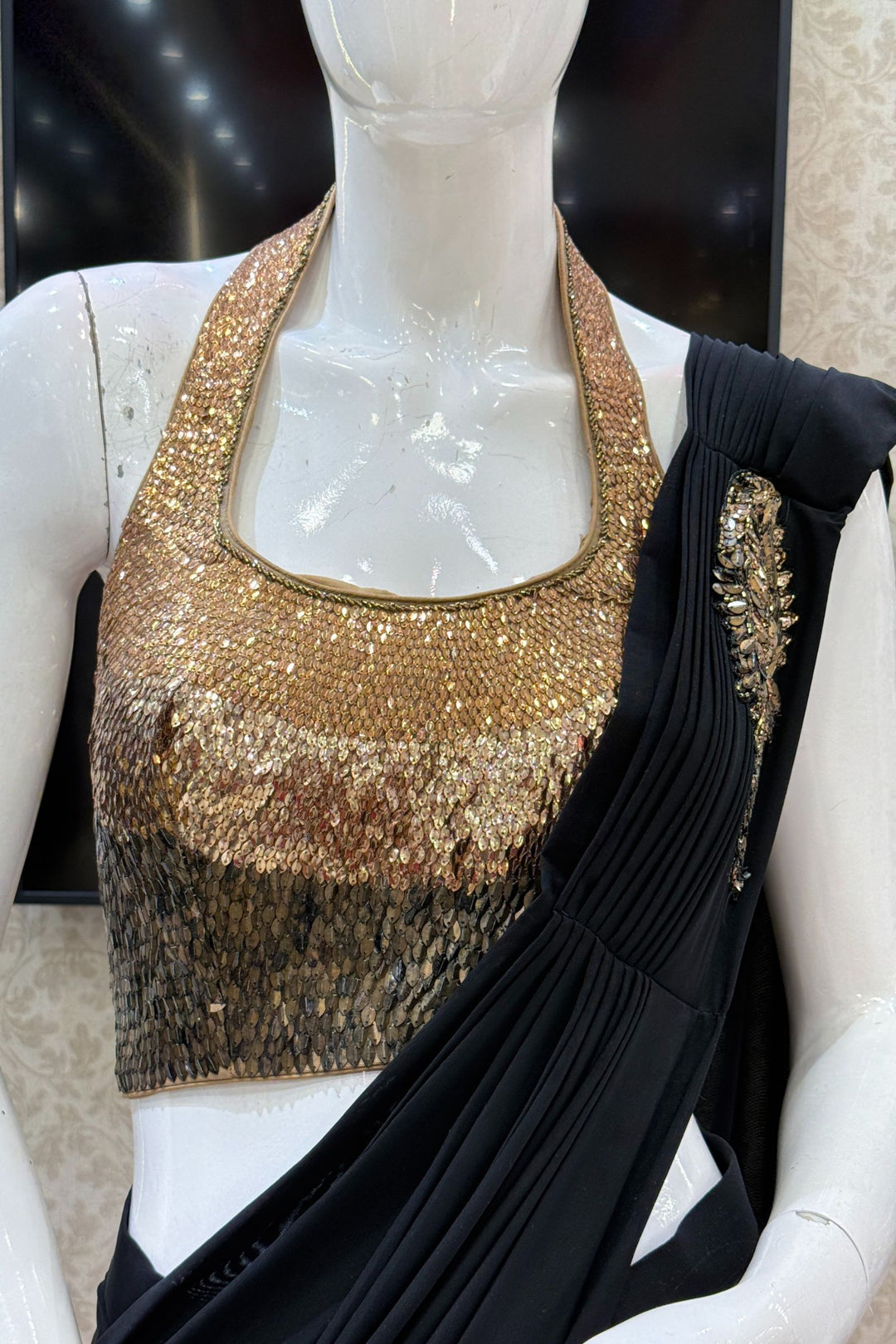 Black Readymade Saree with Sequins work Readymade Blouse