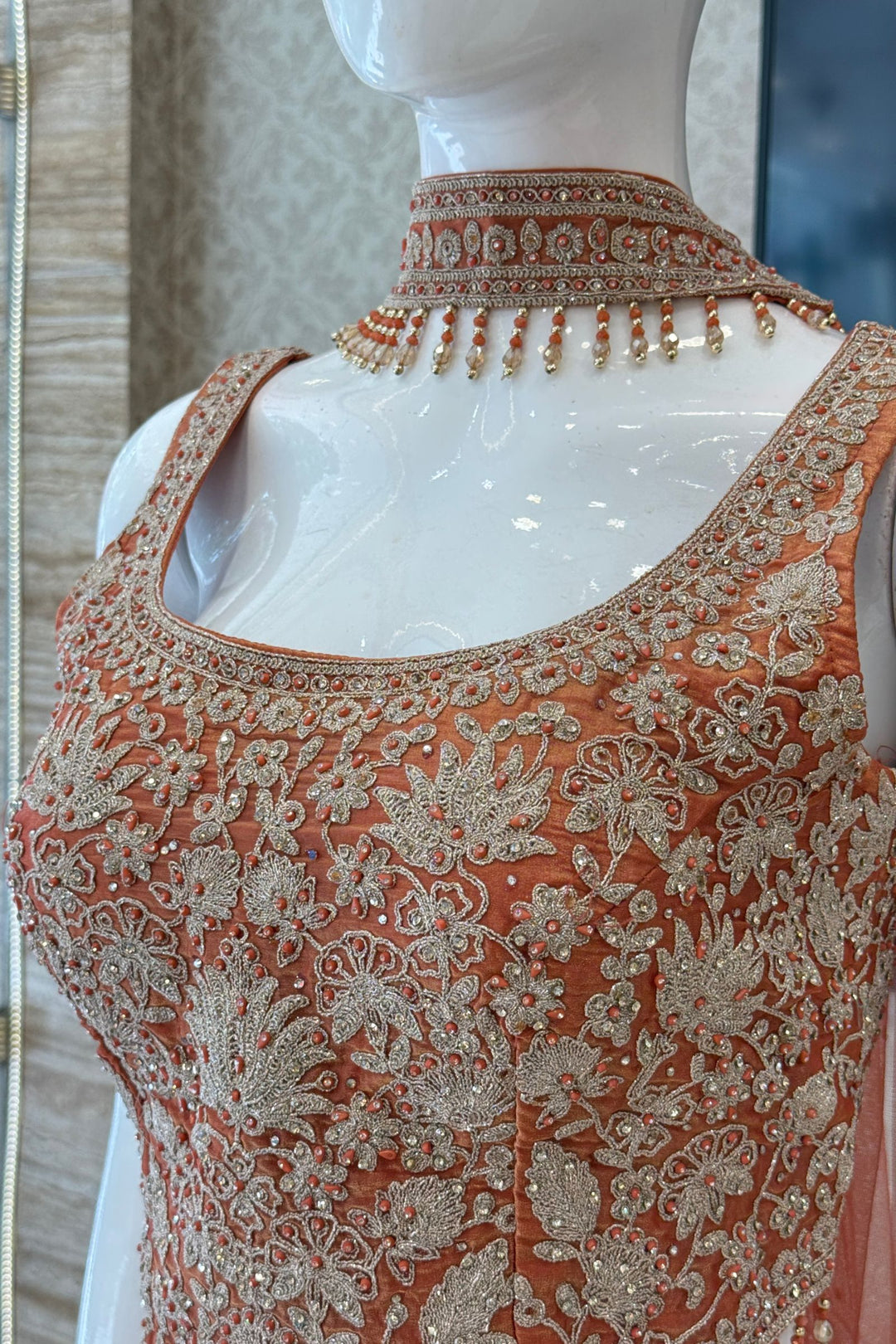 Rust Zari Thread, Stone and Beads work Palazzo Set with Corset Top