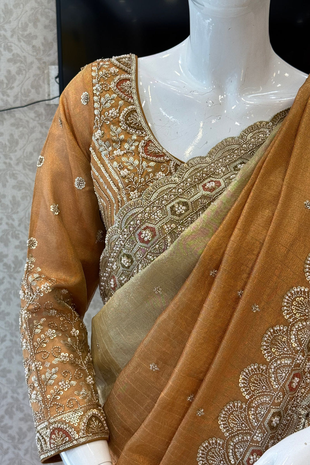 Copper Gold Beads, Sequins and Pearl work Saree