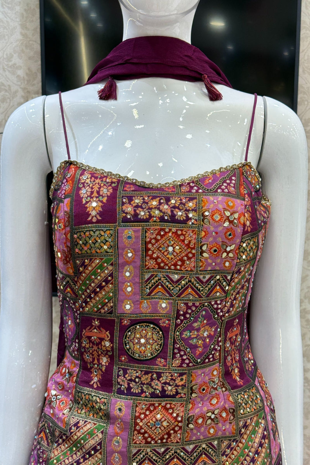 Wine Stone, Mirror and Banaras work with Digital Print Sharara Salwar Suit