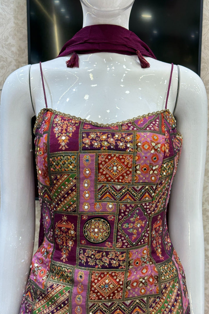 Wine Stone, Mirror and Banaras work with Digital Print Sharara Salwar Suit