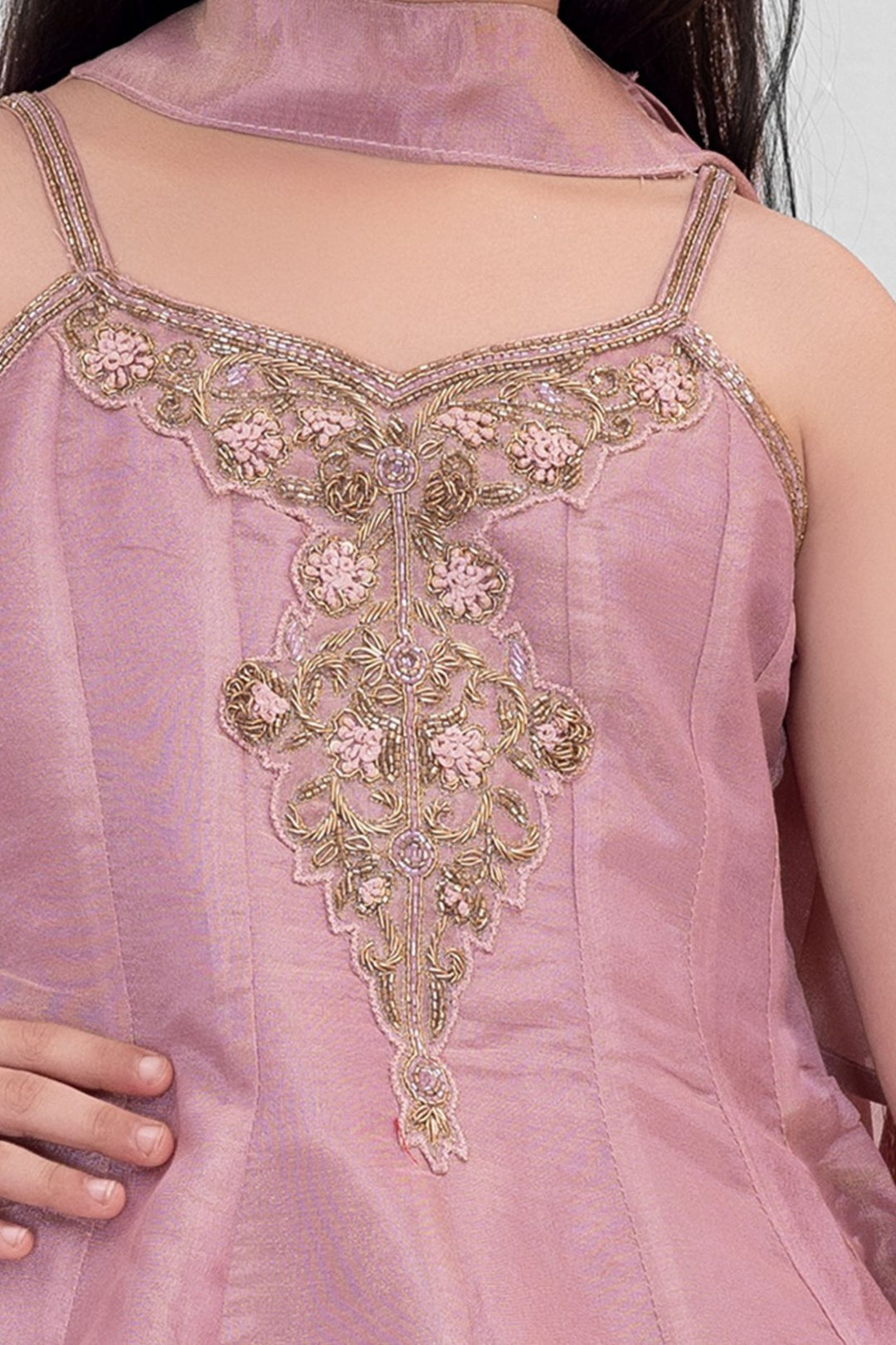 Girls Peach Zardozi, Beads and Zari work Peplum Palazzo Set