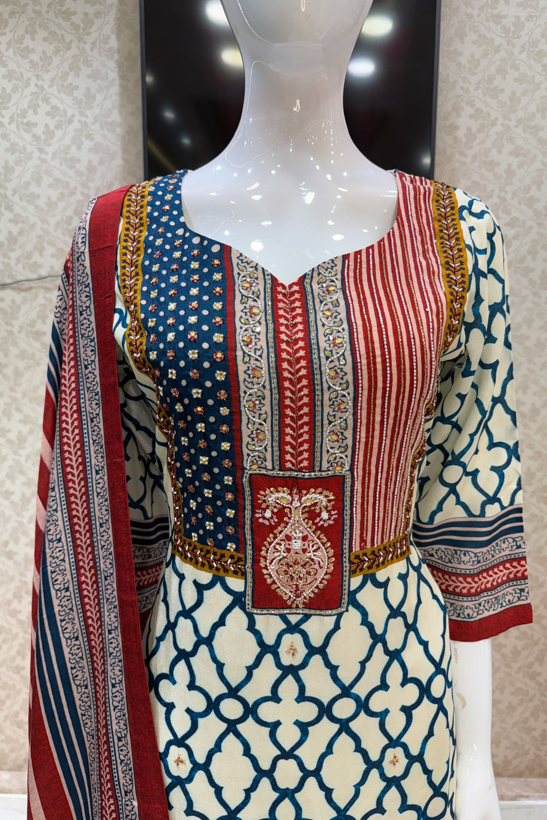 Cream with Peacock Blue Beads and Mirror work with Ajrakh Print Straight Cut Salwar Suit