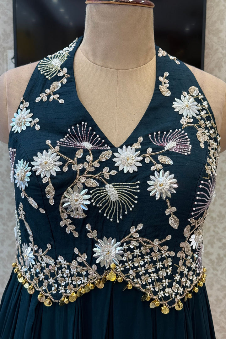 Peacock Green Beads and Zari work Halter Neck Floor Length Anarkali Suit