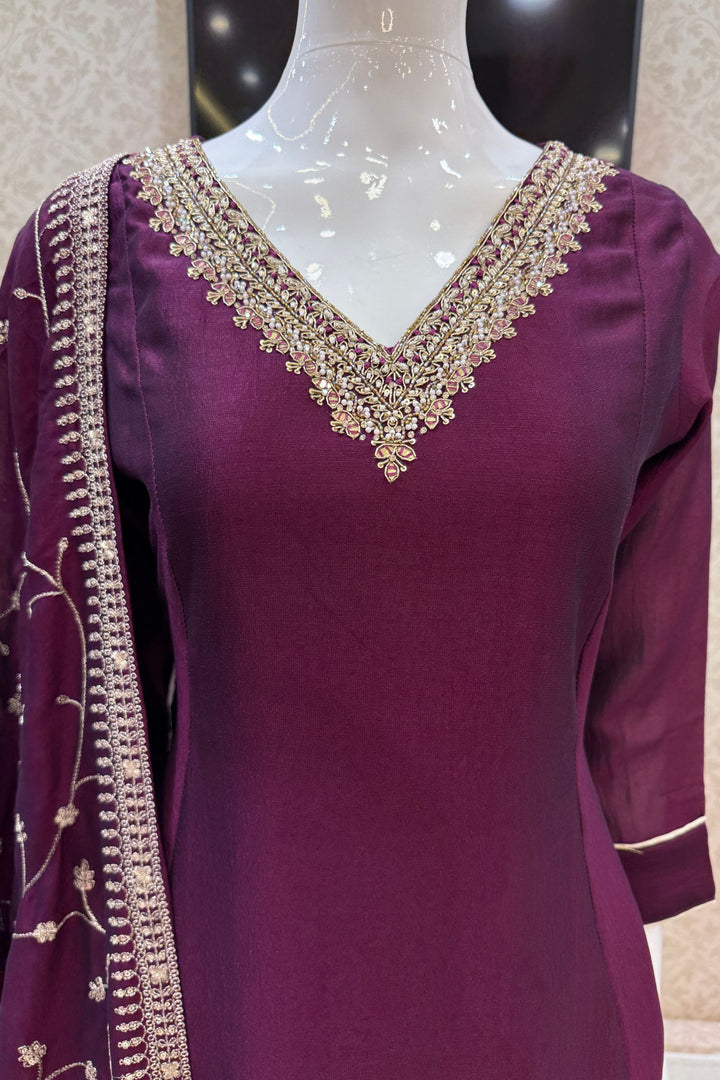 Wine Beads, Pearl, Zardozi, Stone, Zari and Sequins work Aline Cut Salwar Suit
