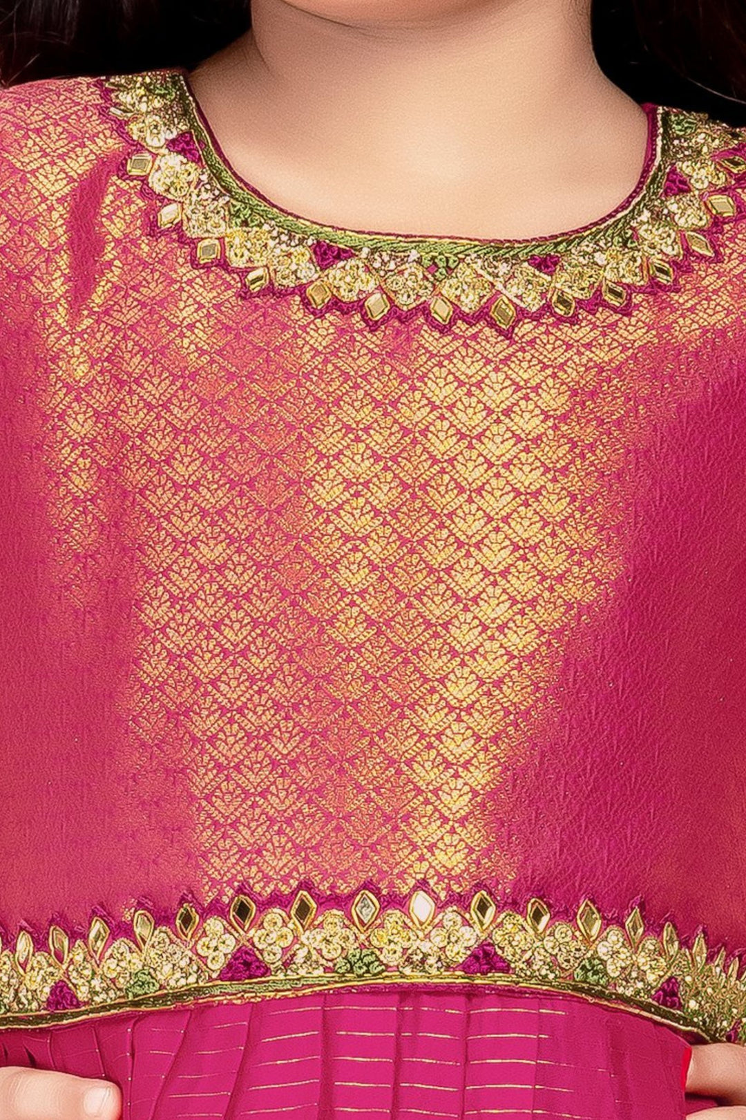 Rani Pink with Gold Zari, Mirror, Stone, Thread and Jacquard work Lehenga Choli for Girls