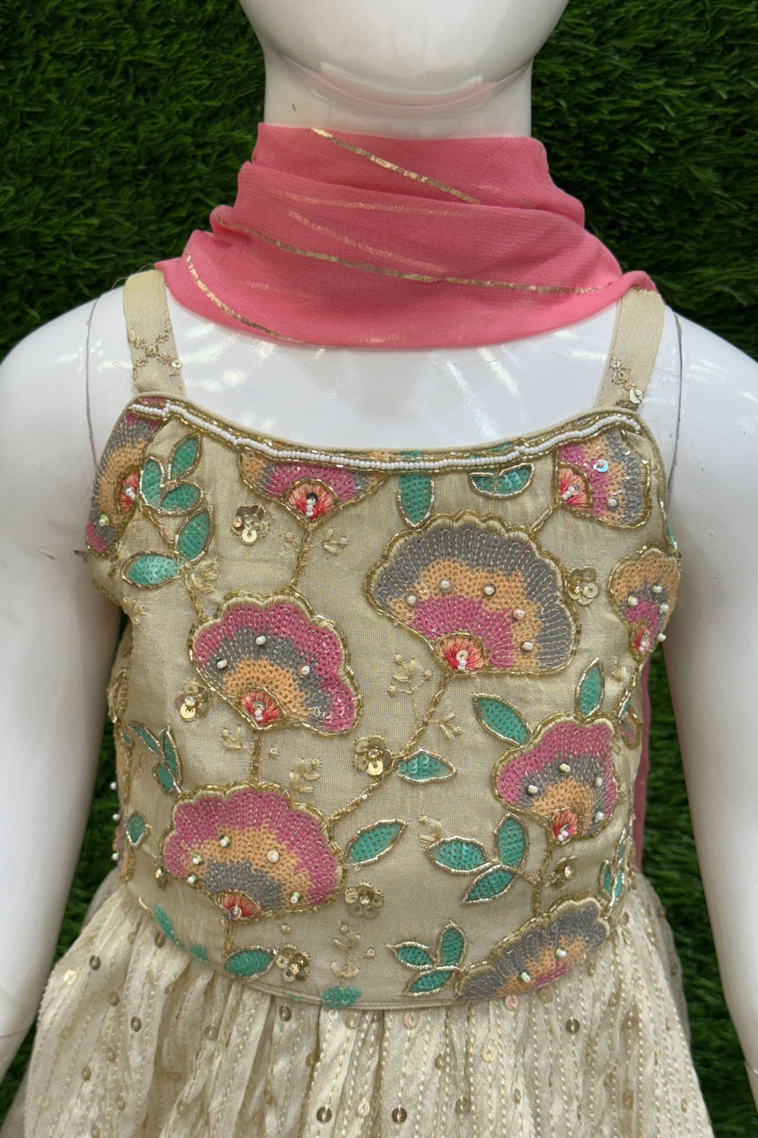 Cream Sequins, Multicolor Embroidery, Beads and Thread work Lehenga Choli for Girls