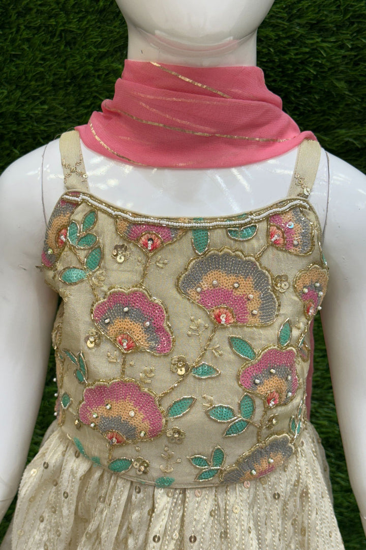 Cream Sequins, Multicolor Embroidery, Beads and Thread work Lehenga Choli for Girls