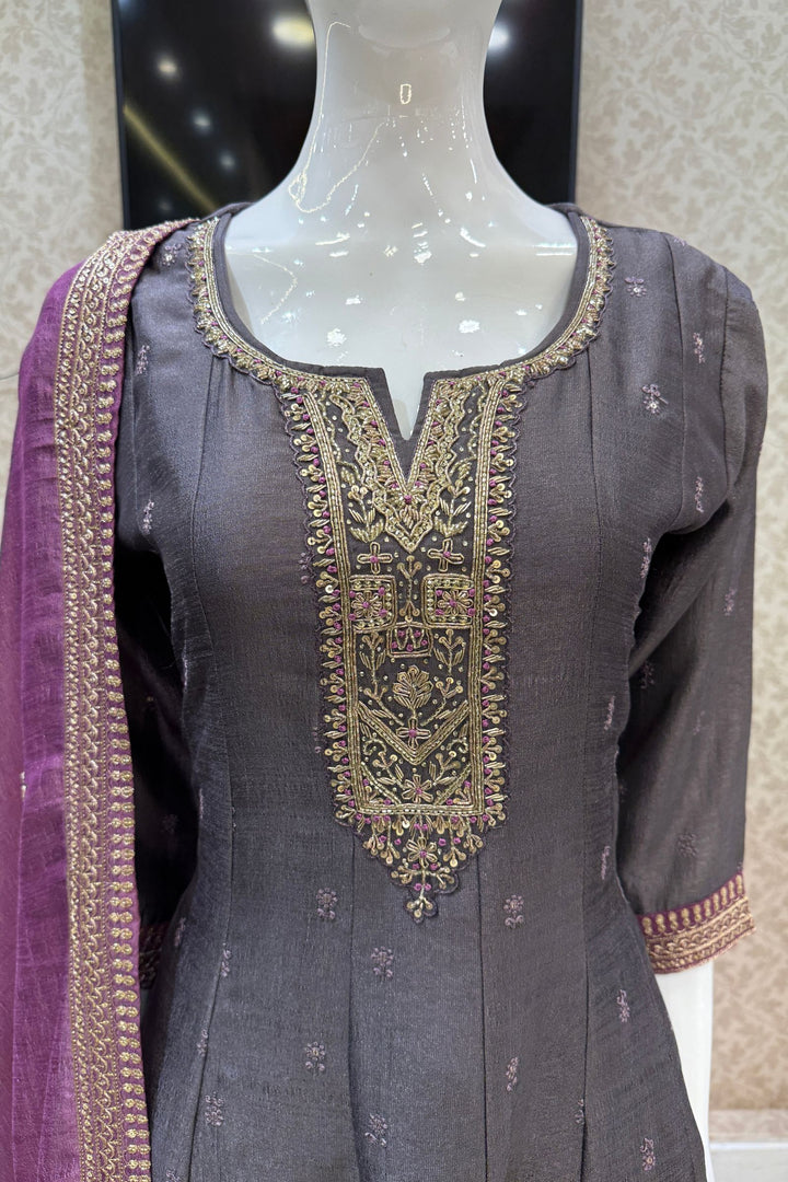 Grey Beads, Zardozi, Thread, Sequins, Stone and Zari work A-line Cut Salwar Suit