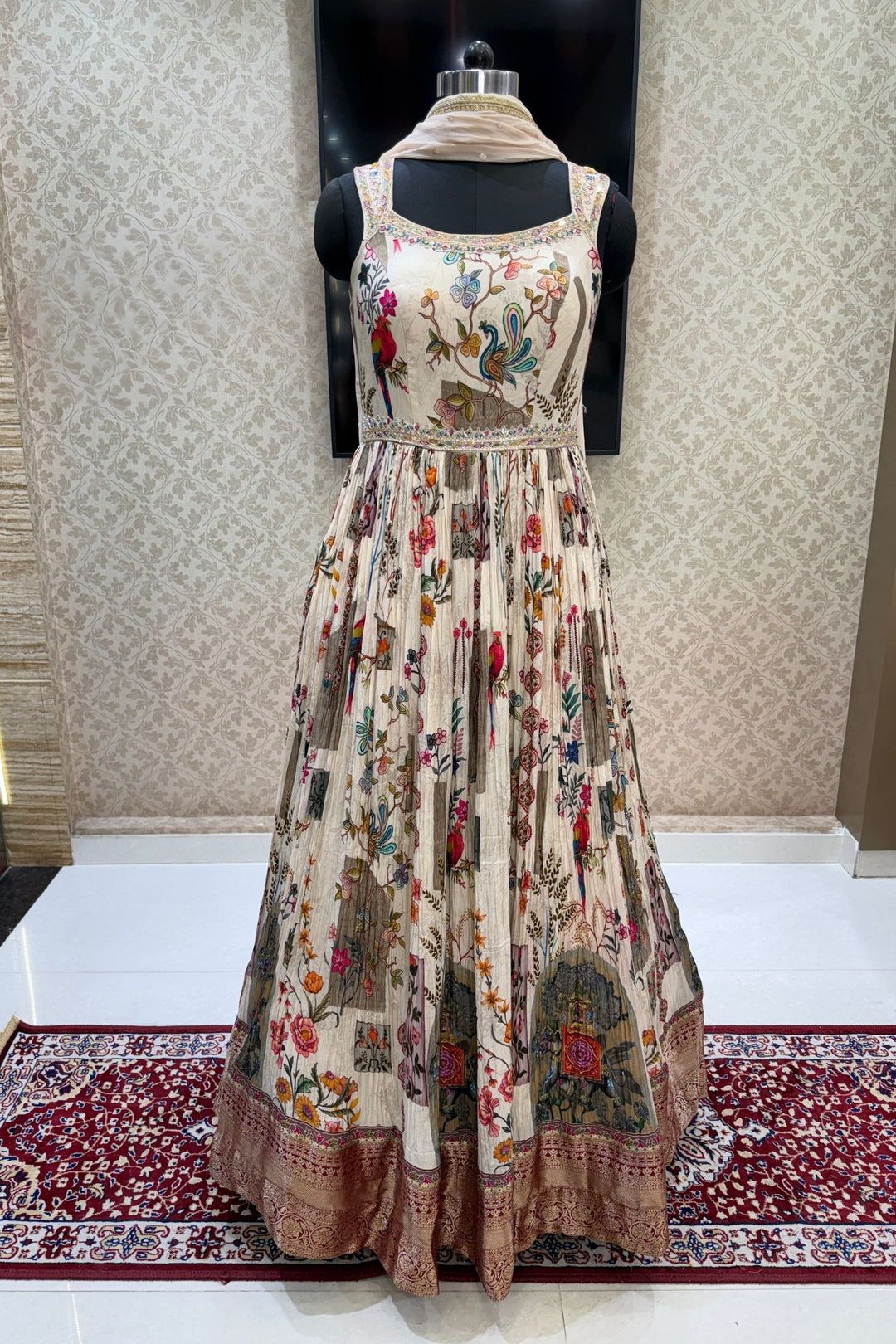 Cream Mirror, Zardozi, Zari and Banaras work with Digital Print Floor Length Anarkali Suit