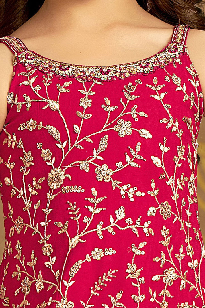 Rani Pink Sequins, Zari, Mirror, Stone and Beads work Sharara Suit Set for Girls