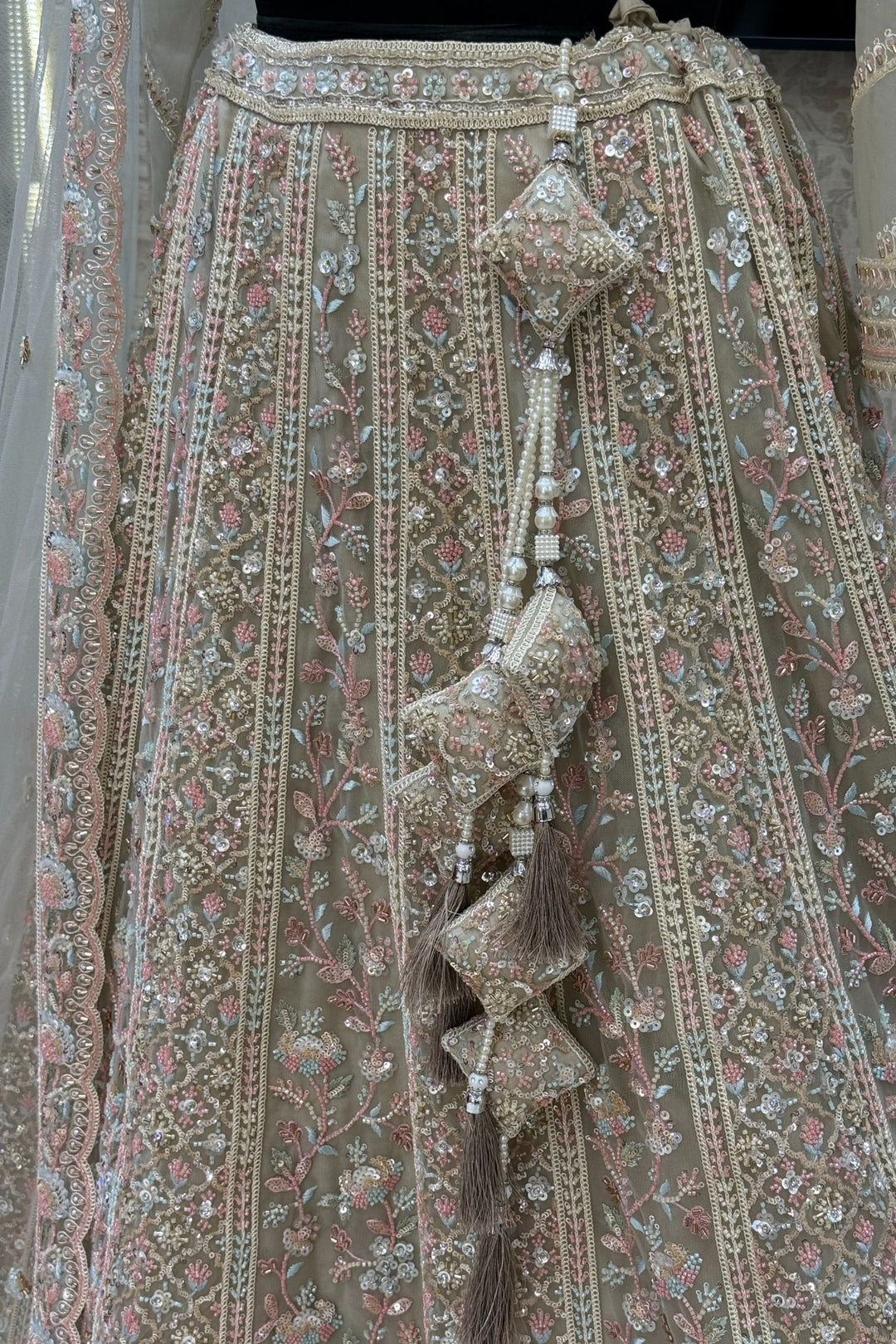 Beige Sequins, Beads and Zari Thread work Crop Top Designer Bridal Lehenga