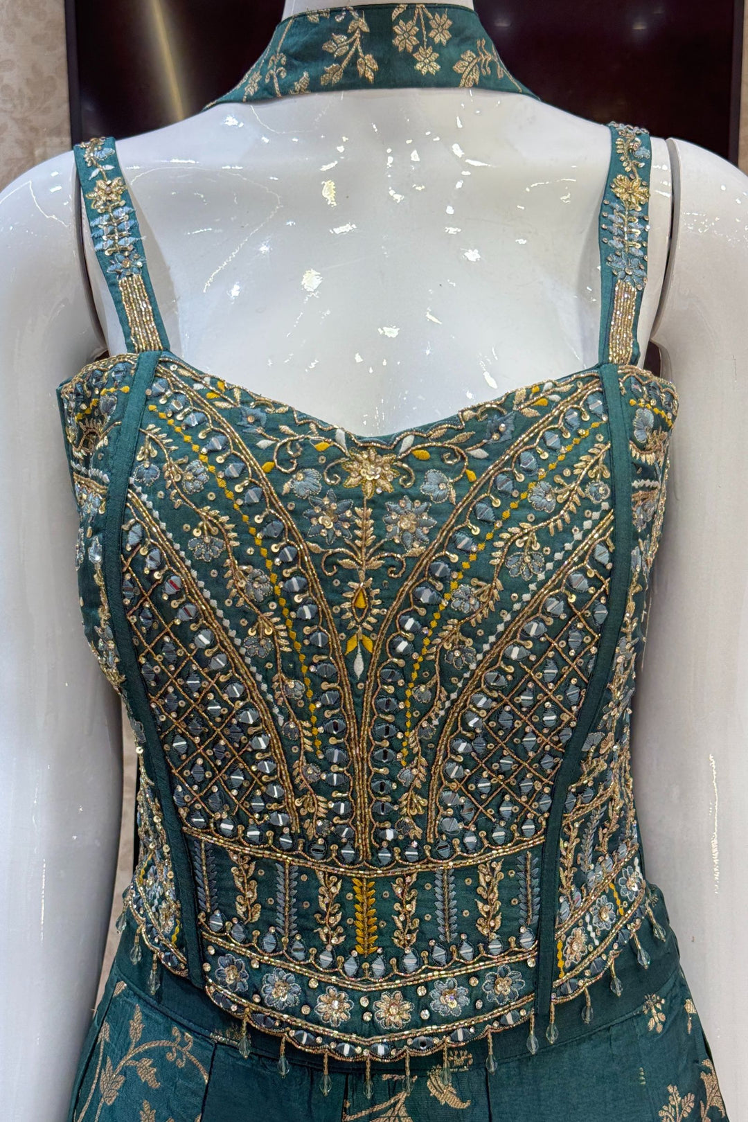 Green Zardozi, Mirror, Beads, Sequins, Thread, Zari and Stone work Palazzo Suit Set